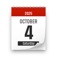Date 4 October 2025 year realistic calendar day page design. October 4 transparent png