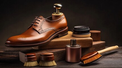 Elegant brown leather shoe with shoe care accessories on wooden table