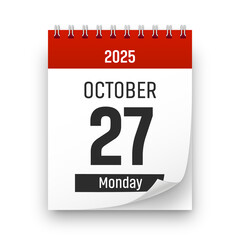 Date 27 October 2025 year realistic calendar day page design. October 27 transparent png