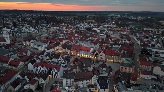 Pfaffenhofen Ilm from top during sunset phase and the city lights at the background
