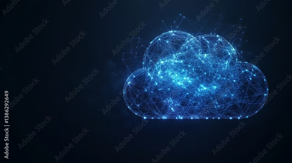 Poster glowing digital cloud network visualization on dark background