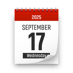 Date 17 September 2025 year realistic calendar day page design. September 17 transparent png