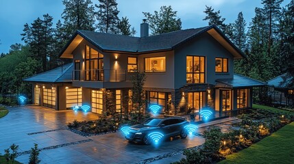 Smart home with car connectivity at night.