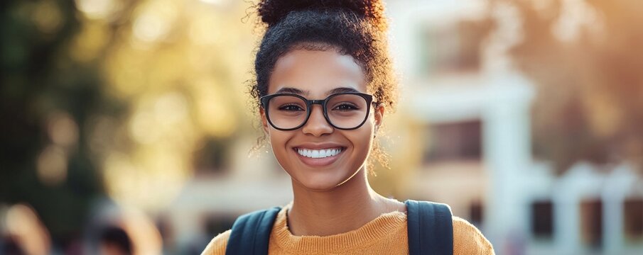 Happy student smiling outdoors wearing backpack going to college class