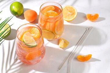 Summer party and healthy lifestyle advertising banner, diet vegan cocktail with chia seeds, lime, lemon, mint and apricots. Detox diet and weight loss concept, Menu for cafe and restaurant.