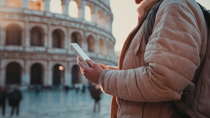 person at sightseeing using her smartphone for help and information