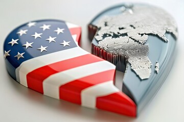 Broken heart with US flag and world map, symbolizing global conflict, geopolitical tension, and America's strained international relations