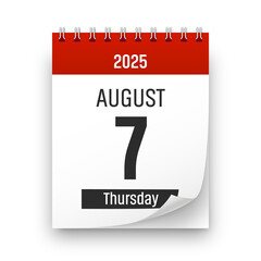 Date 7 August 2025 year realistic calendar day page design. August 7 transparent png