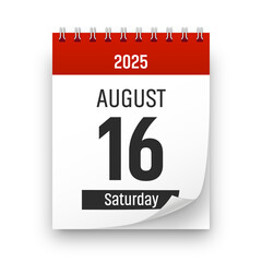 Date 16 August 2025 year realistic calendar day page design. August 16 transparent png