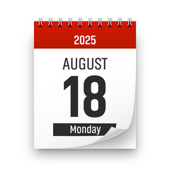 Date 18 August 2025 year realistic calendar day page design. August 18 transparent png
