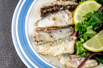 Sardine canned fish dish fresh delicious gourmet food background on table rustic food top view copy space pescetarian diet