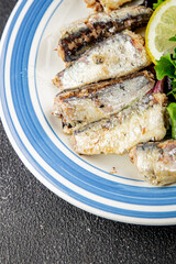 Sardine canned fish dish fresh delicious gourmet food background on table rustic food top view copy space pescetarian diet