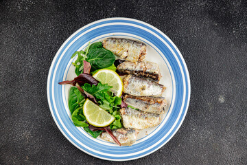 Sardine canned fish dish fresh delicious gourmet food background on table rustic food top view copy space pescetarian diet