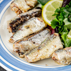 Sardine canned fish dish fresh delicious gourmet food background on table rustic food top view copy space pescetarian diet