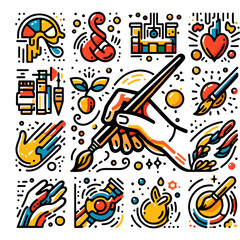 Creative hand holding paintbrush among artistic elements  