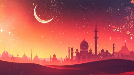 Stunning arabian nightscape with crescent moon and starry sky