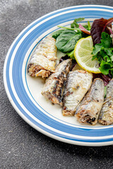 Sardine canned fish dish fresh delicious gourmet food background on table rustic food top view copy space pescetarian diet