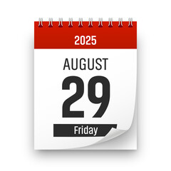 Date 29 August 2025 year realistic calendar day page design. August 29 transparent png