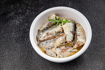 Sardine canned fish dish fresh delicious gourmet food background on table rustic food top view copy space pescetarian diet
