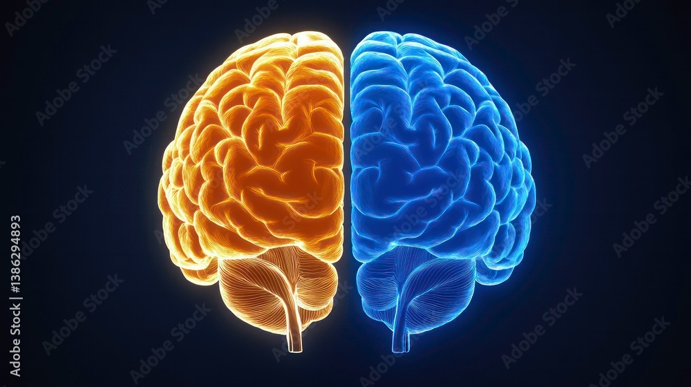 Poster vibrant conceptual illustration of a human brain in two distinct colors symbolizing left and right b