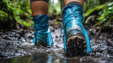 Person walking in muddy trail wearing blue waterproof boots surrounded by lush green forest