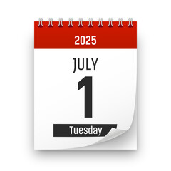 Date 1 July 2025 year realistic calendar day page design. July 1 transparent png