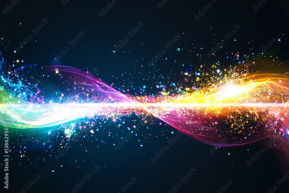 Poster vibrant abstract light wave pattern with colorful sparkles on dark background