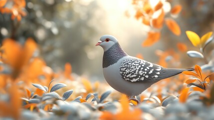 A pigeon perched amidst vibrant autumn foliage showcasing its detailed plumage and serene surr