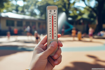 Hand holding thermometer on hot day at playground, high temperature displayed with blurred children and trees in background