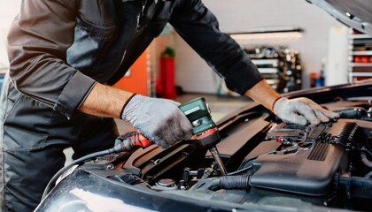 A mechanic working with tools on the car bonnet