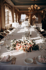 Elegant indoor wedding table setting with a white tablecloth, pink napkins, simple floral centerpiece, and tall silver candlesticks