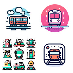Colorful vector train illustrations with modern design elements  