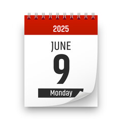 Date 9 June 2025 year realistic calendar day page design. June 9 transparent png