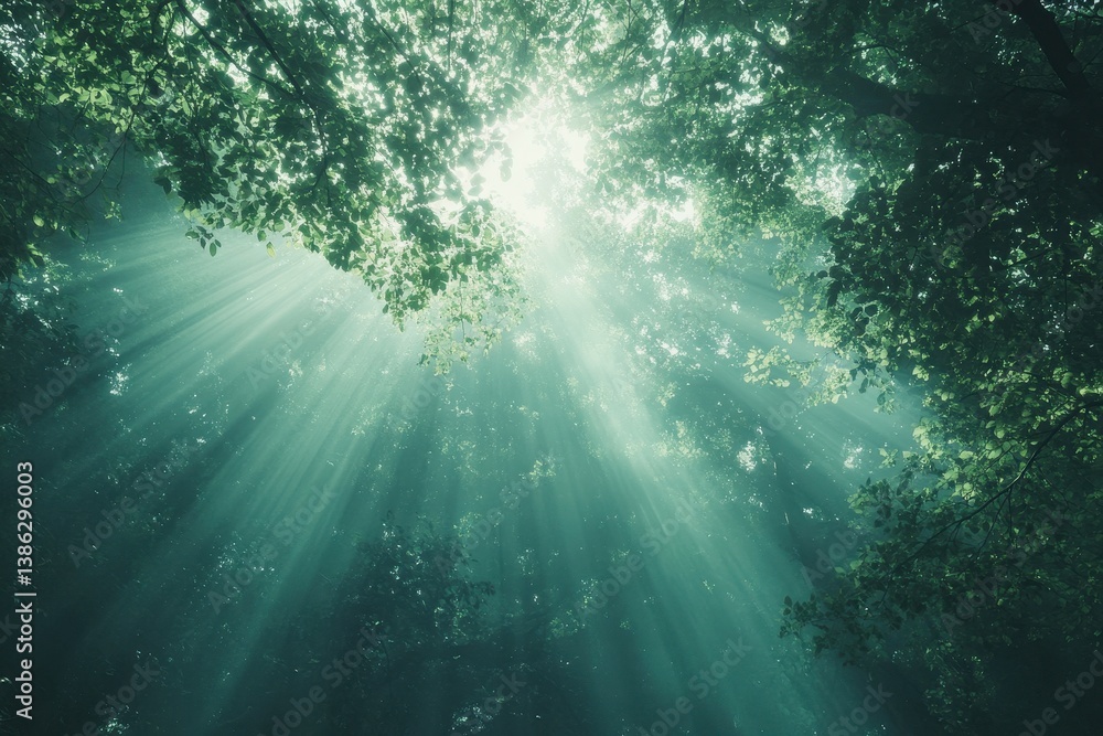 Poster sunlight streaming through tall trees in a serene forest, creating a tranquil atmosphere and highlig