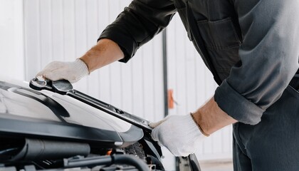 Fototapeta premium A mechanic working with tools on the car bonnet