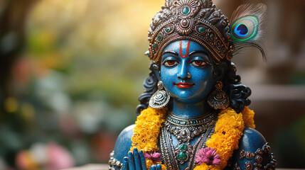 Fototapeta premium small enamel figurine of hindu god krishna with blue skin, peacock feather on table with blurred background, krishna janmashtami, hinduism