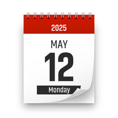 Date 12 May 2025 year realistic calendar day page design. May 12 transparent png