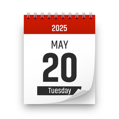 Date 20 May 2025 year realistic calendar day page design. May 20 transparent png