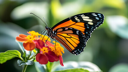 Fototapeta premium Monarch Butterfly Perched on Red and Orange Flowers with Green Leaves in a Natural Outdoor Setting