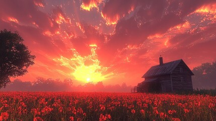 Serene Sunset Over Red Poppy Field with Rustic Cabin