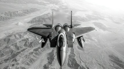 F-15 Eagle Soaring Above Majestic Mountains: A Black and White Aerial Masterpiece