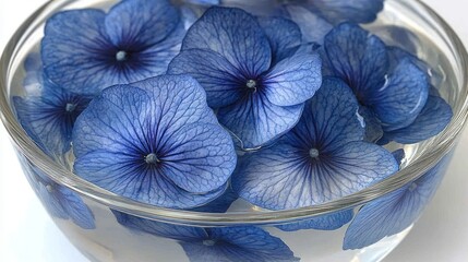 Serene Blue Hydrangea Petals in Glass Bowl