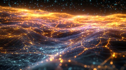 Abstract digital network with glowing lines and nodes in dark space