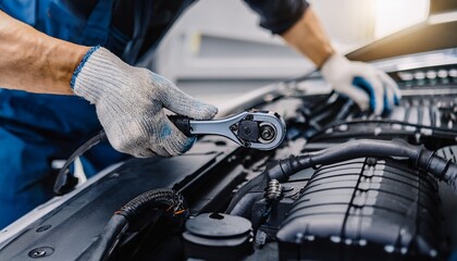 A mechanic working with tools on the car bonnet