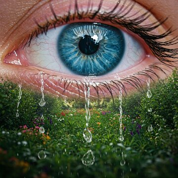 o olho chorando e as lagrimas regando um jardim