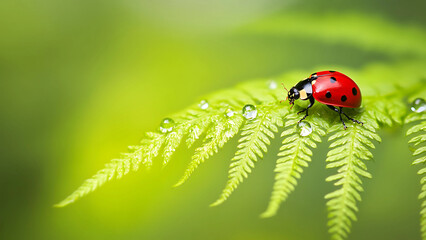 Ladybug on Green Fern Leaf with Water Droplets Against a Blurred Natural Background