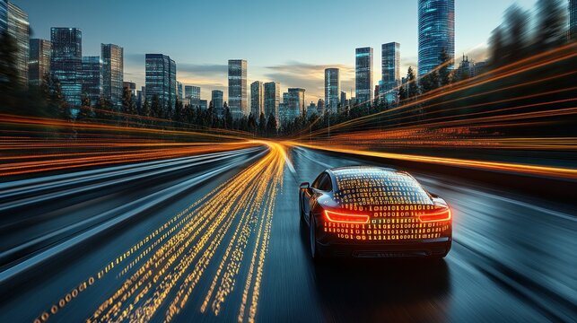Futuristic Cityscape: Autonomous Vehicle on a Highway at Night