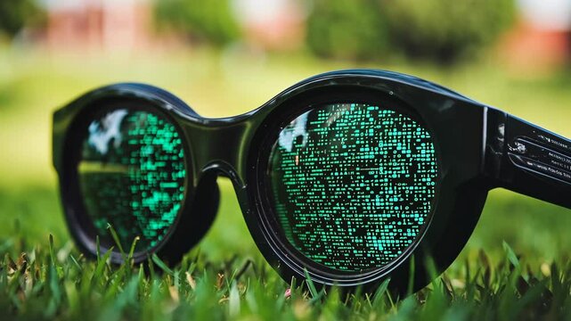 Innovative sunglasses resting on grass reflecting a digital pattern in a sunny outdoor setting