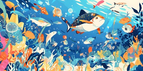 Colorful underwater scene with a variety of fish swimming around. Scene is lively and vibrant, with the fish appearing to be in motion and the colors of the ocean