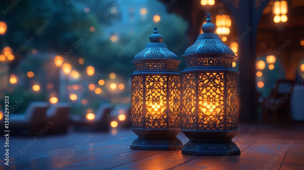 Poster ornate lanterns illuminated in tranquil evening ambiance with soft glow and intricate patterns